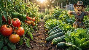 A colorful vegetable garden with ripe produce and a scarecrow.