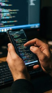 Hands coding on an iPhone screen showing code, dark room, monitor glow.