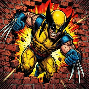 Wolverine smashes through a wall in classic comic book style.