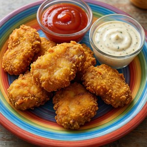 A dino nugget with ketchup and ranch dips