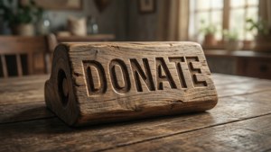 A wooden donation button in a cozy setting